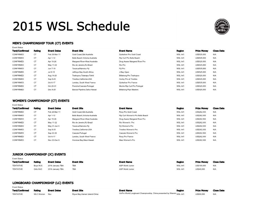 2015 WSL Schedule