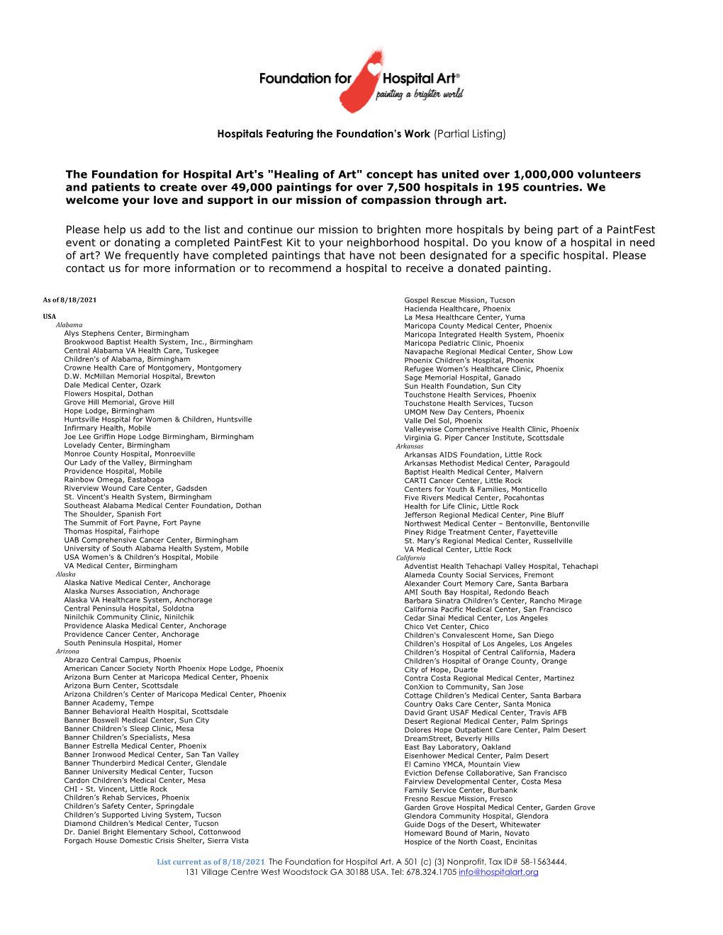 Hospitals Featuring the Foundation's Work (Partial Listing) the Foundation for Hospital Art's 