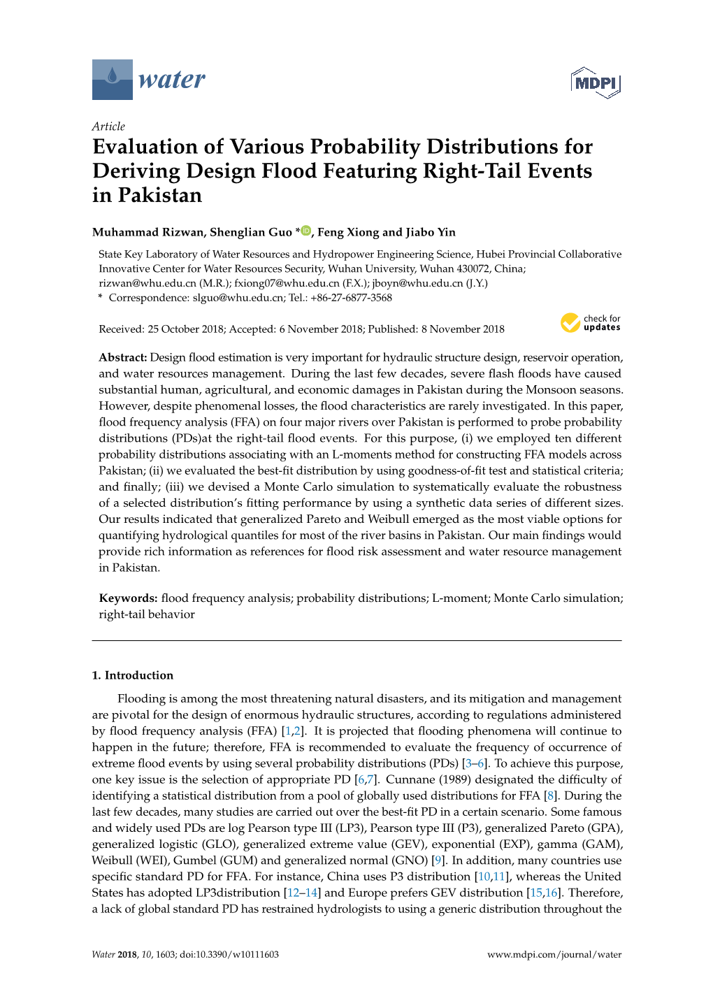Evaluation of Various Probability Distributions for Deriving Design Flood Featuring Right-Tail Events in Pakistan
