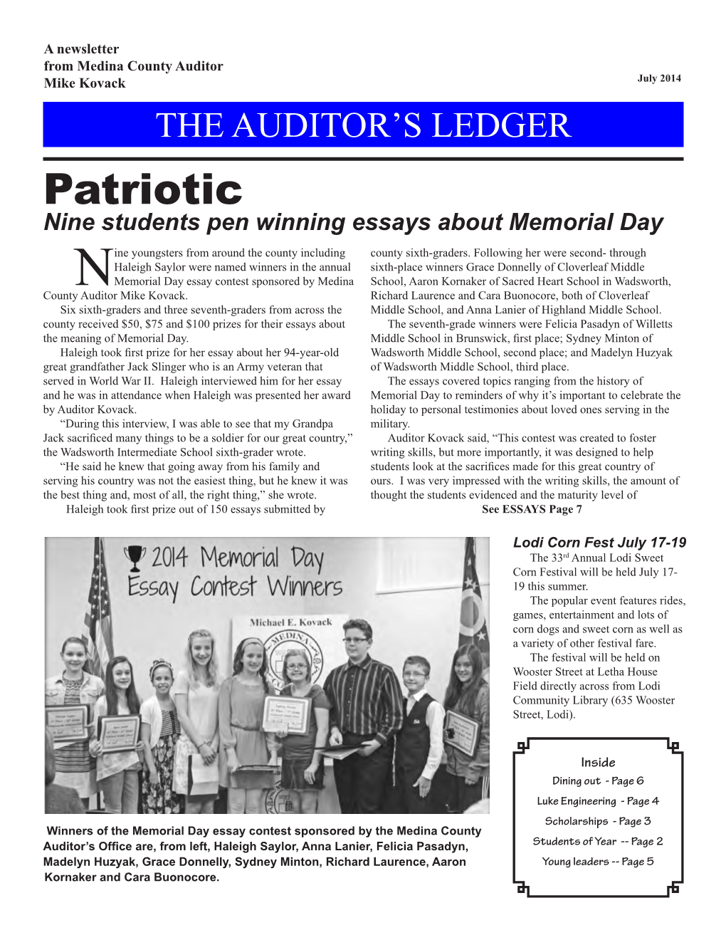 Patriotic Nine Students Pen Winning Essays About Memorial Day Ine Youngsters from Around the County Including County Sixth-Graders