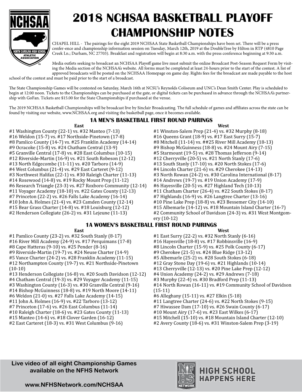 2018 NCHSAA BASKETBALL PLAYOFF CHAMPIONSHIP NOTES CHAPEL HILL - the Pairings for the Eight 2019 NCHSAA State Basketball Championships Have Been Set