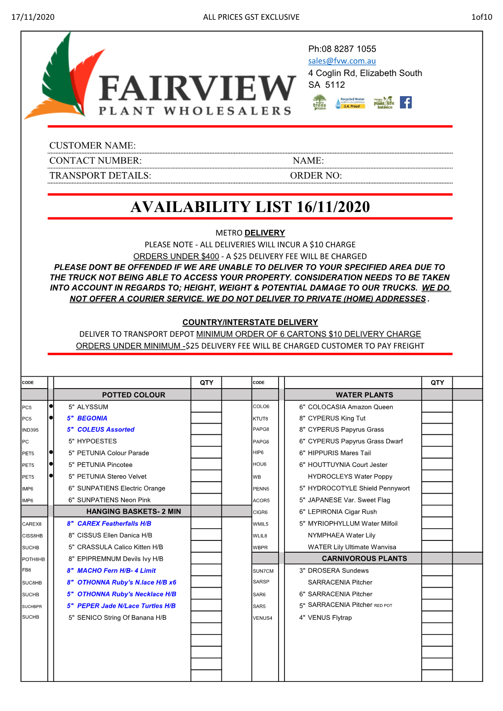 Availability List 16/11/2020