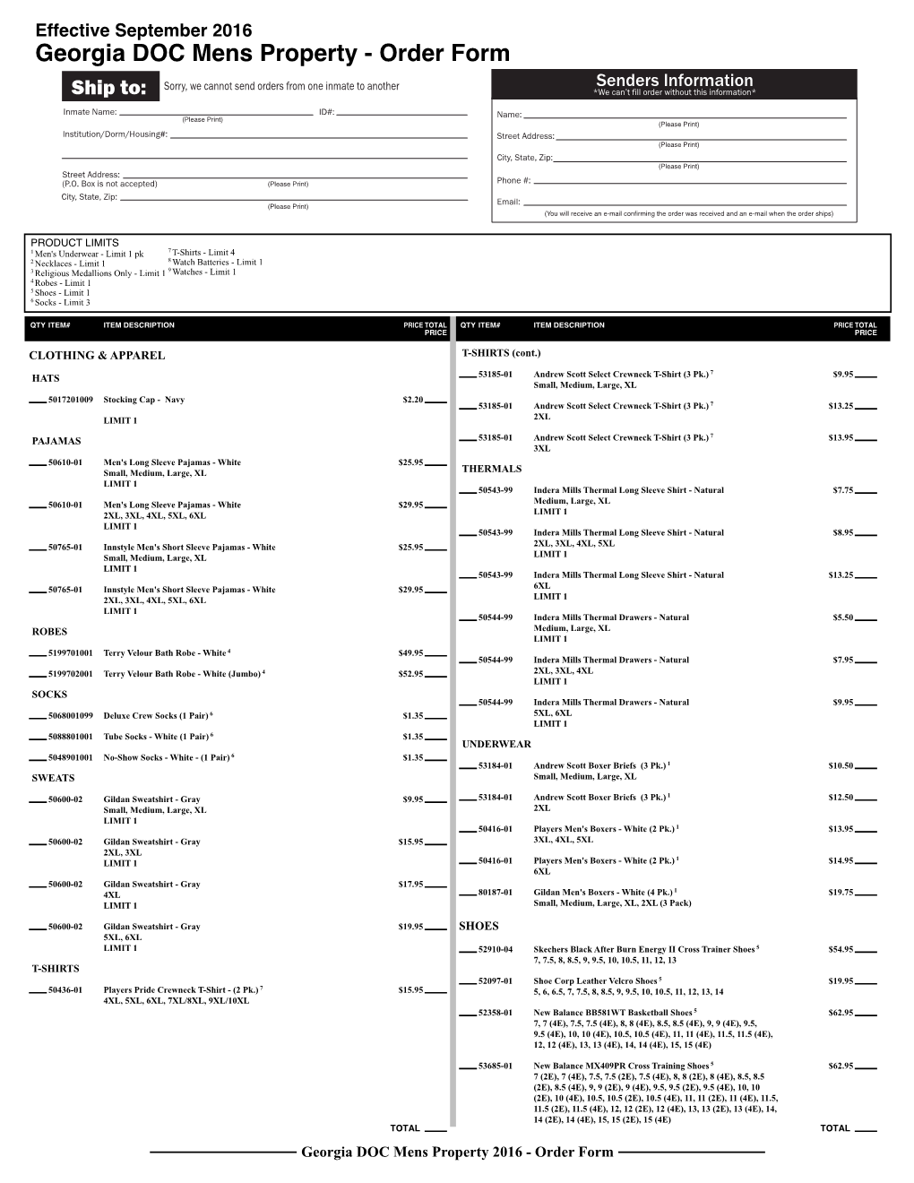 Georgia DOC Mens Property 2016 - Order Form QTY ITEM# ITEM DESCRIPTION PRICE TOTAL QTY ITEM# ITEM DESCRIPTION PRICE TOTAL PRICE PRICE