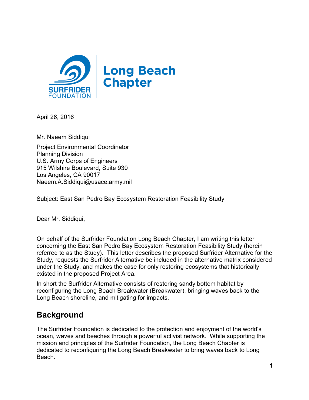 LB Surfrider Foundation Letter to Army Corps