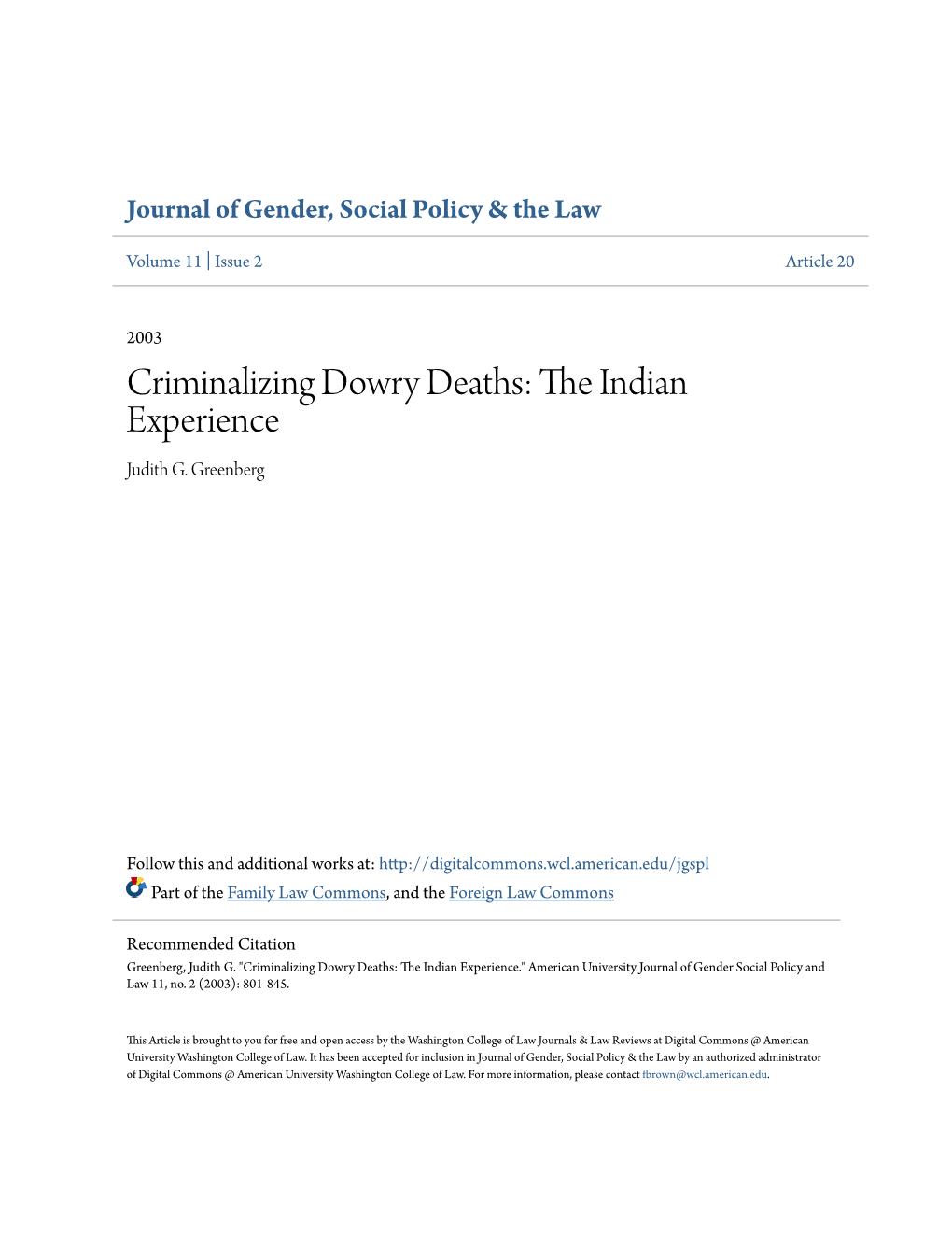 Criminalizing Dowry Deaths: the Indian Experience