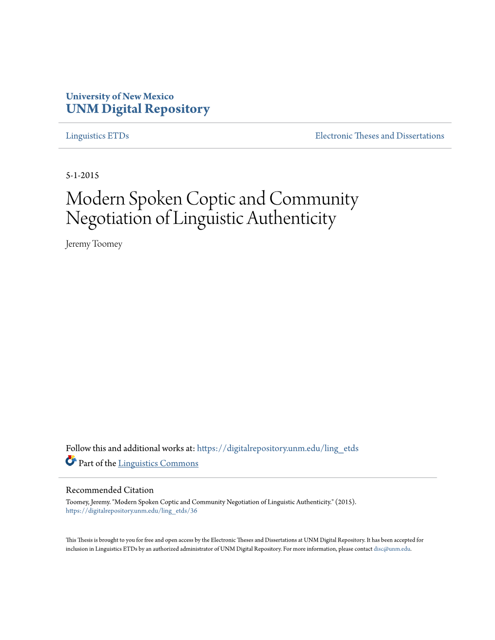 Modern Spoken Coptic and Community Negotiation of Linguistic Authenticity Jeremy Toomey