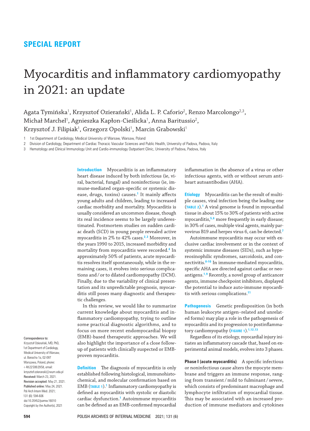 Myocarditis and Inflammatory Cardiomyopathy in 2021: an Update
