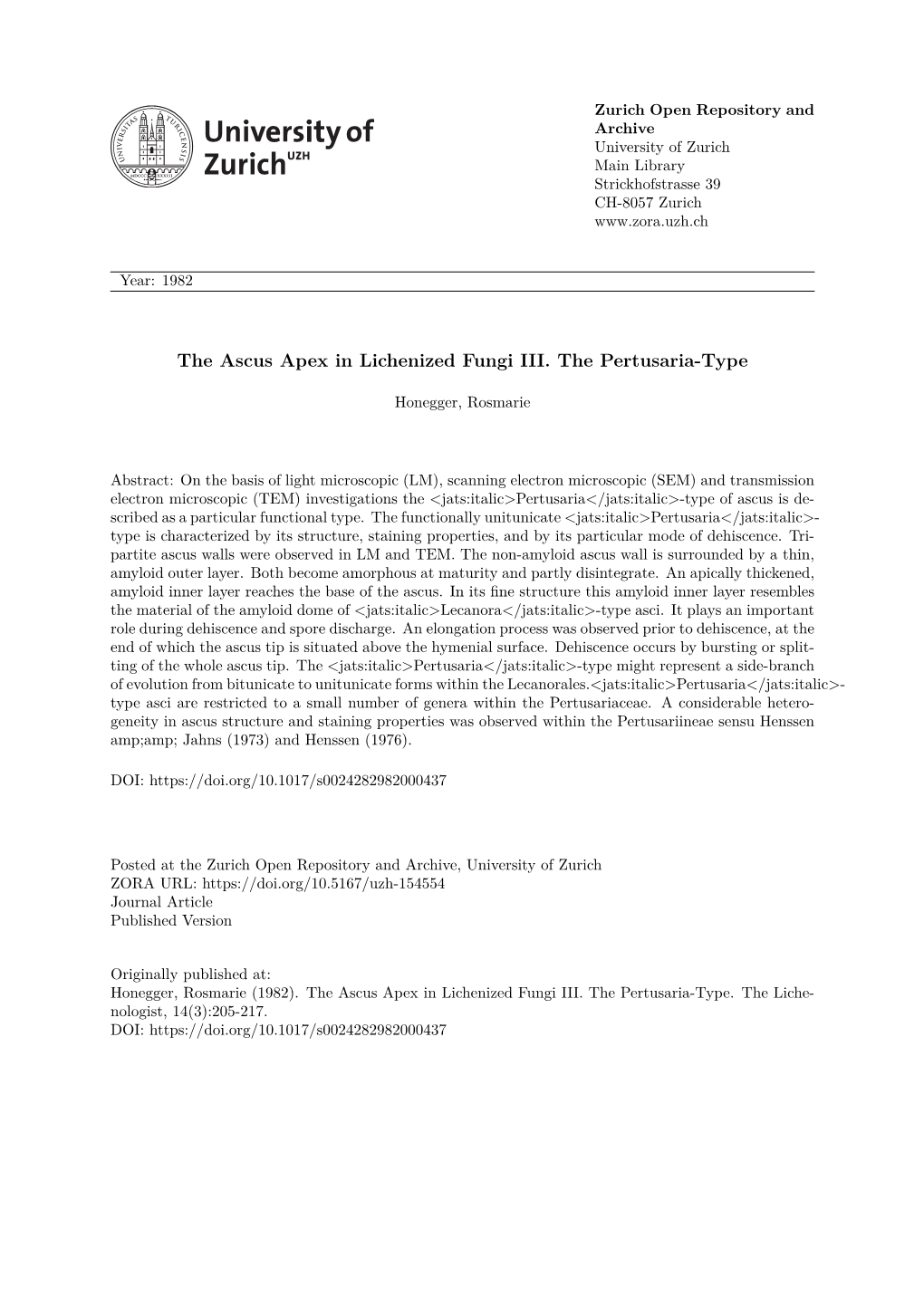 The Ascus Apex in Lichenized Fungi III. the Pertusaria-Type