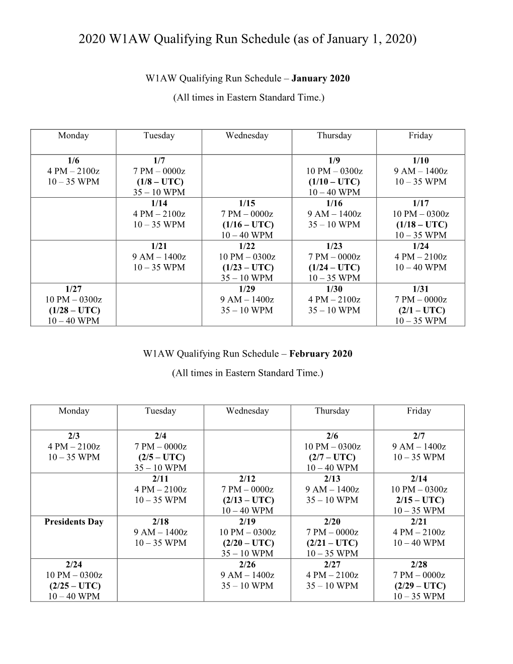 2020 W1AW Qualifying Run Schedule (As of January 1, 2020)