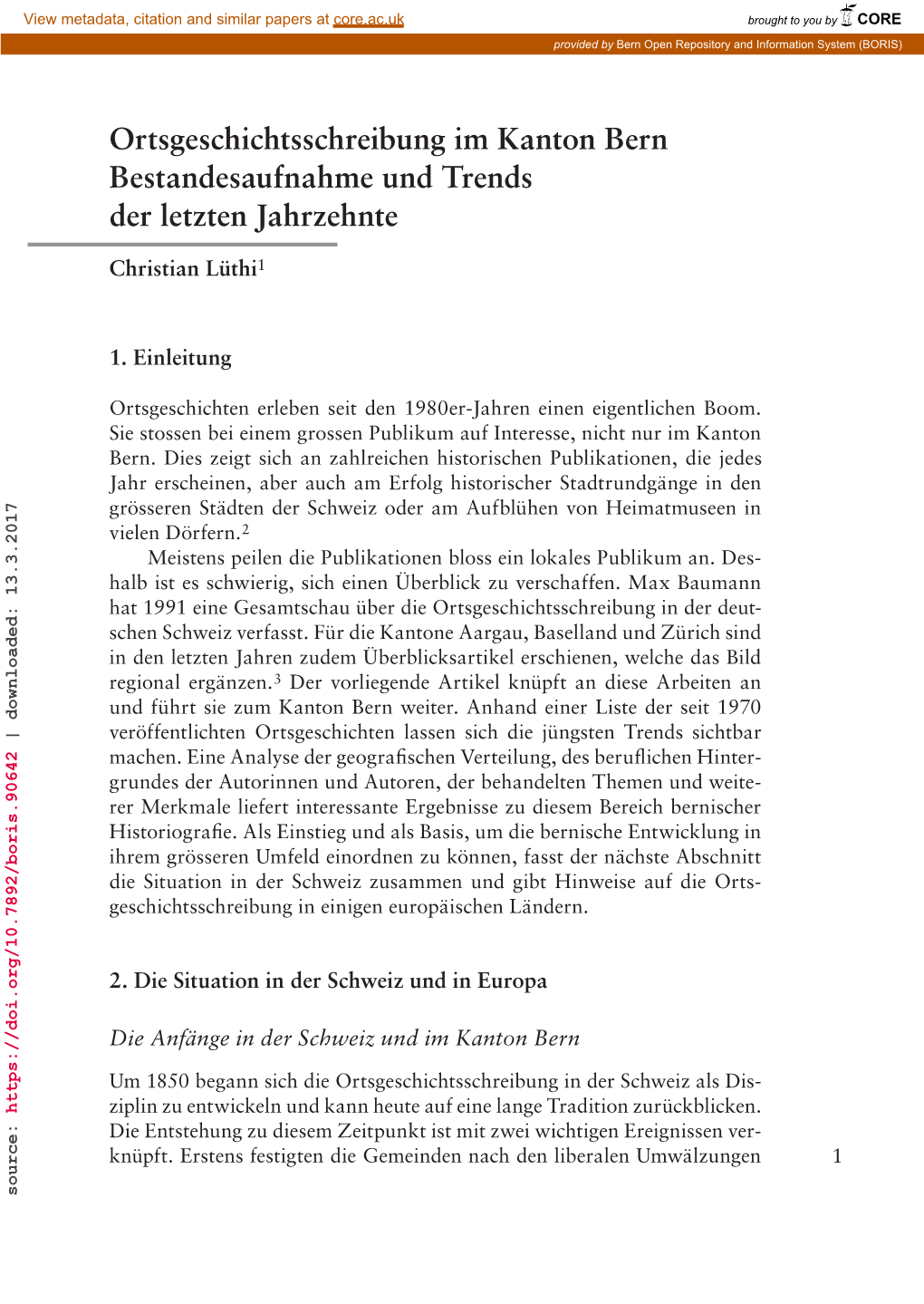 Ortsgeschichtsschreibung Im Kanton Bern Bestandesaufnahme Und Trends Der Letzten Jahrzehnte