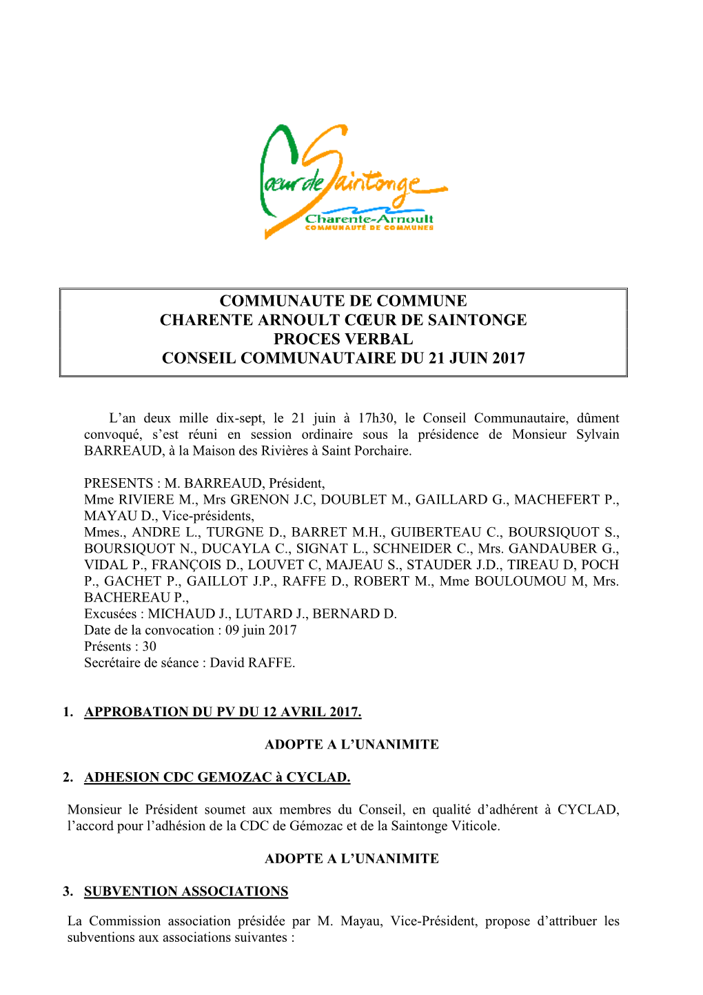 Communaute De Commune Charente Arnoult Cœur De Saintonge Proces Verbal Conseil Communautaire Du 21 Juin 2017