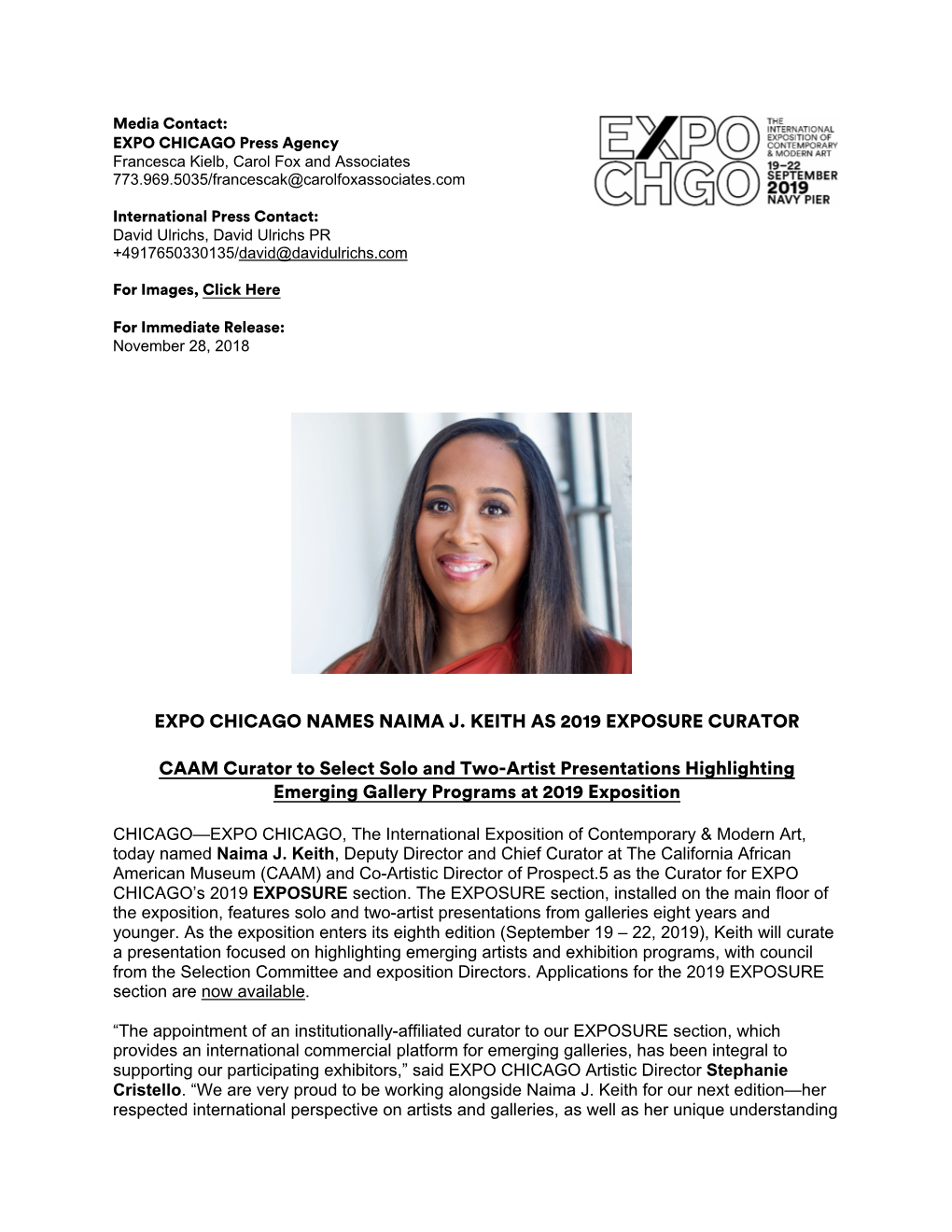 Expo Chicago Names Naima J. Keith As 2019 Exposure Curator