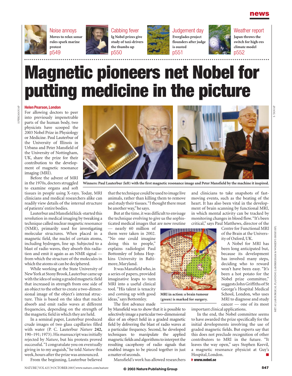 Magnetic Pioneers Net Nobel for Putting Medicine in the Picture