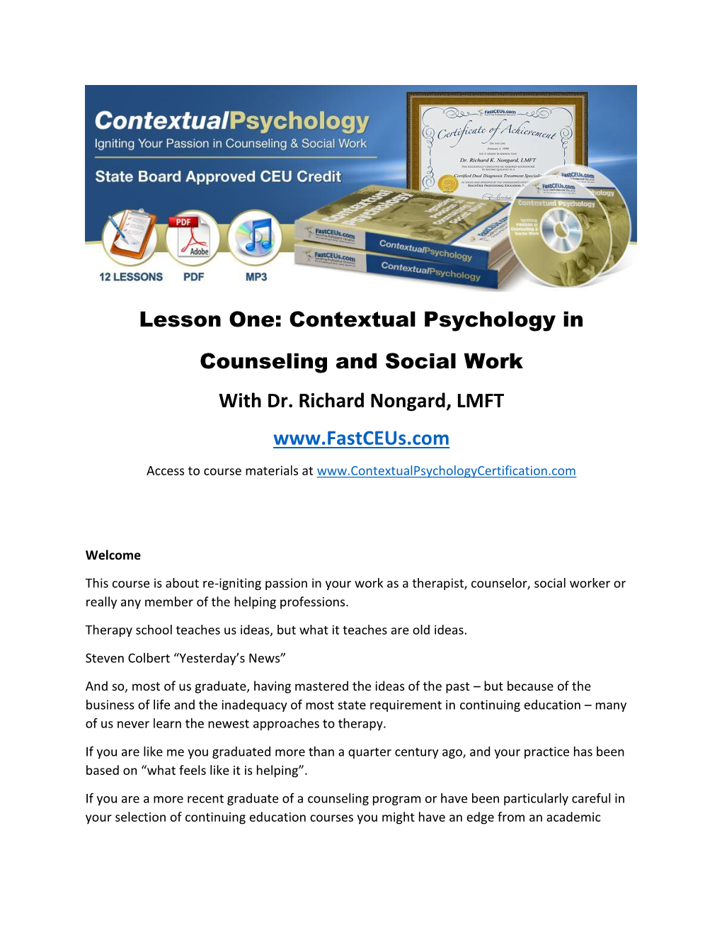 Lesson One: Contextual Psychology in Counseling and Social Work with Dr