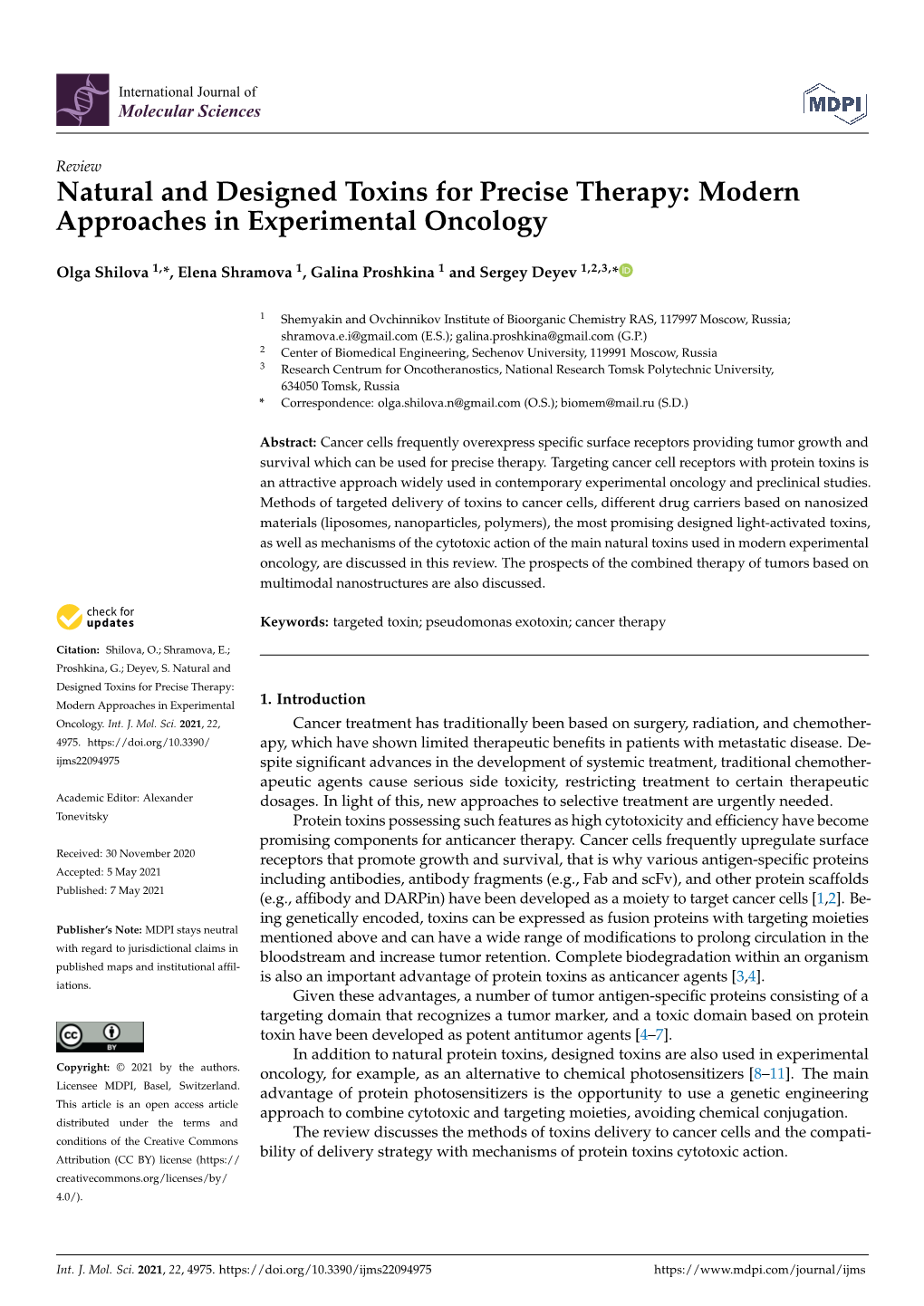 Natural and Designed Toxins for Precise Therapy: Modern Approaches in Experimental Oncology