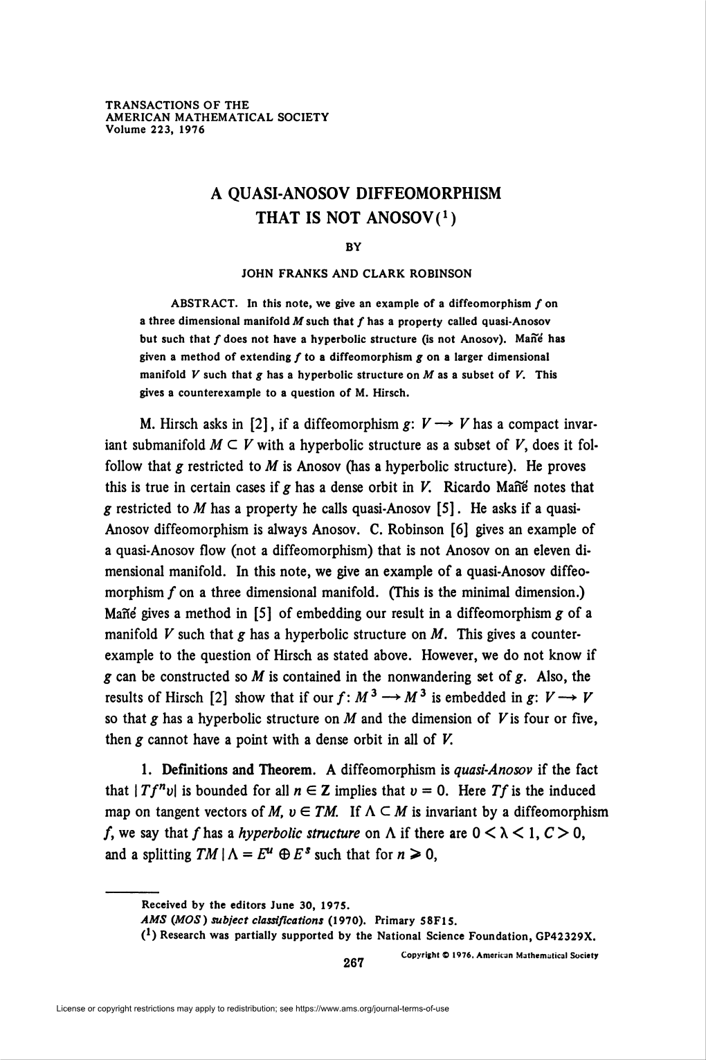 A Quasi-Anosov Diffeomorphism That Is Not