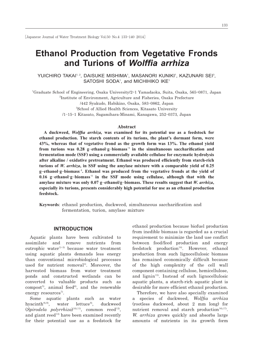 Ethanol Production from Vegetative Fronds and Turions of Wolffia Arrhiza