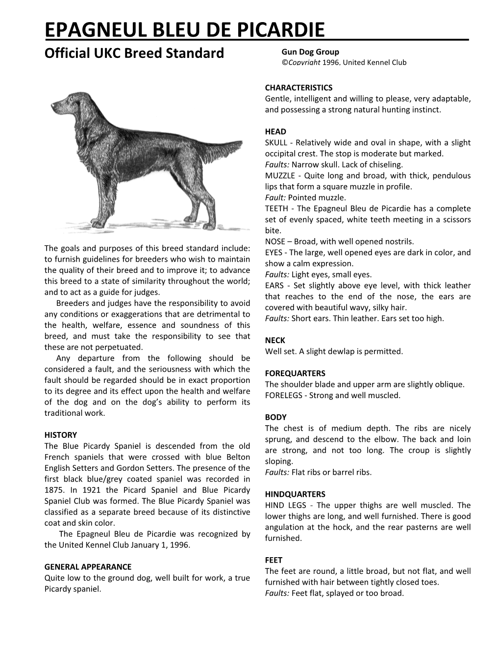 EPAGNEUL BLEU DE PICARDIE Official UKC Breed Standard Gun Dog Group ©Copyright 1996, United Kennel Club