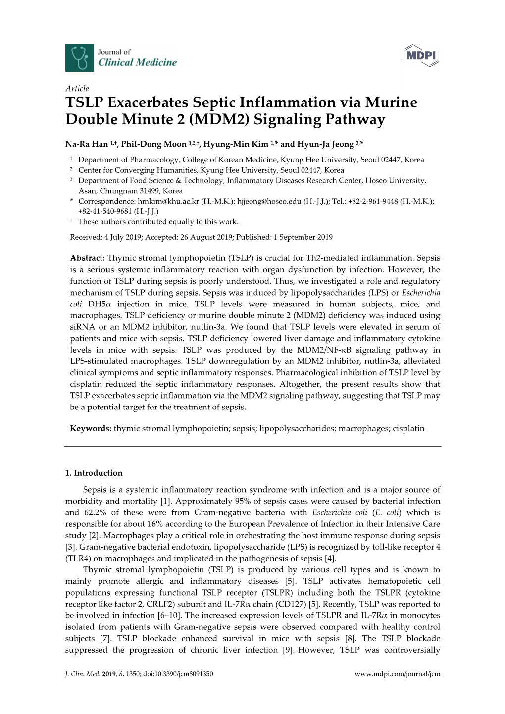 TSLP Exacerbates Septic Inflammation Via Murine Double Minute 2 (MDM2) Signaling Pathway