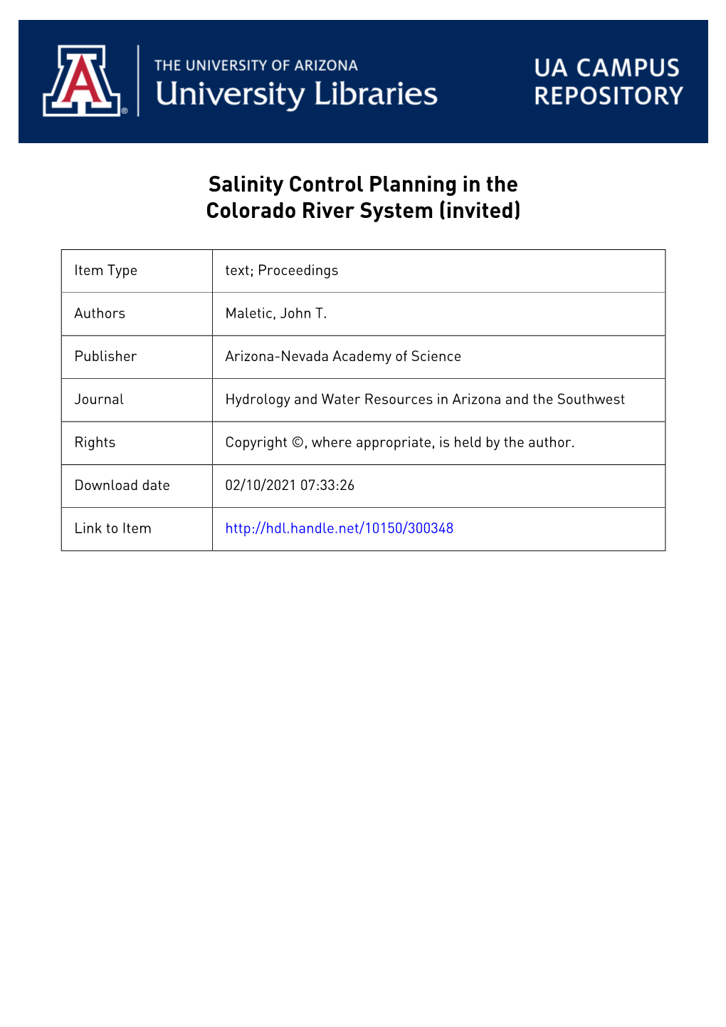 Salinity Control Planning in the Colorado River System the Increase