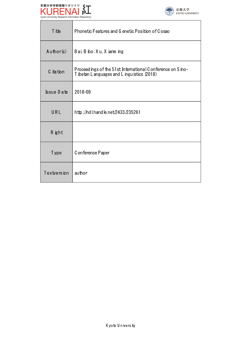 Title Phonetic Features and Genetic Position of Cosao Author(S) Bai