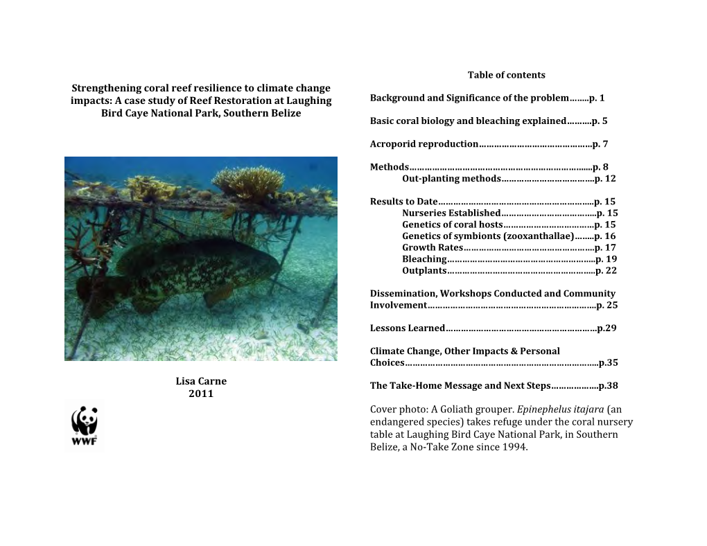 Strengthening Coral Reef Resilience to Climate Change Impacts: a Case Study of Reef Restoration at Laughing Background and Significance of the Problem……..P