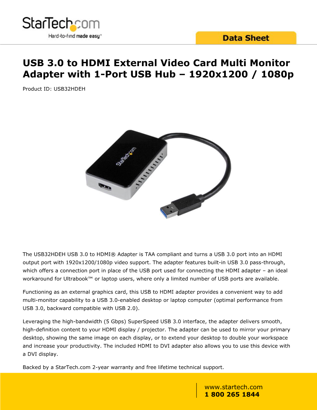 USB 3.0 to HDMI External Video Card Multi Monitor Adapter with 1-Port USB Hub – 1920X1200 / 1080P