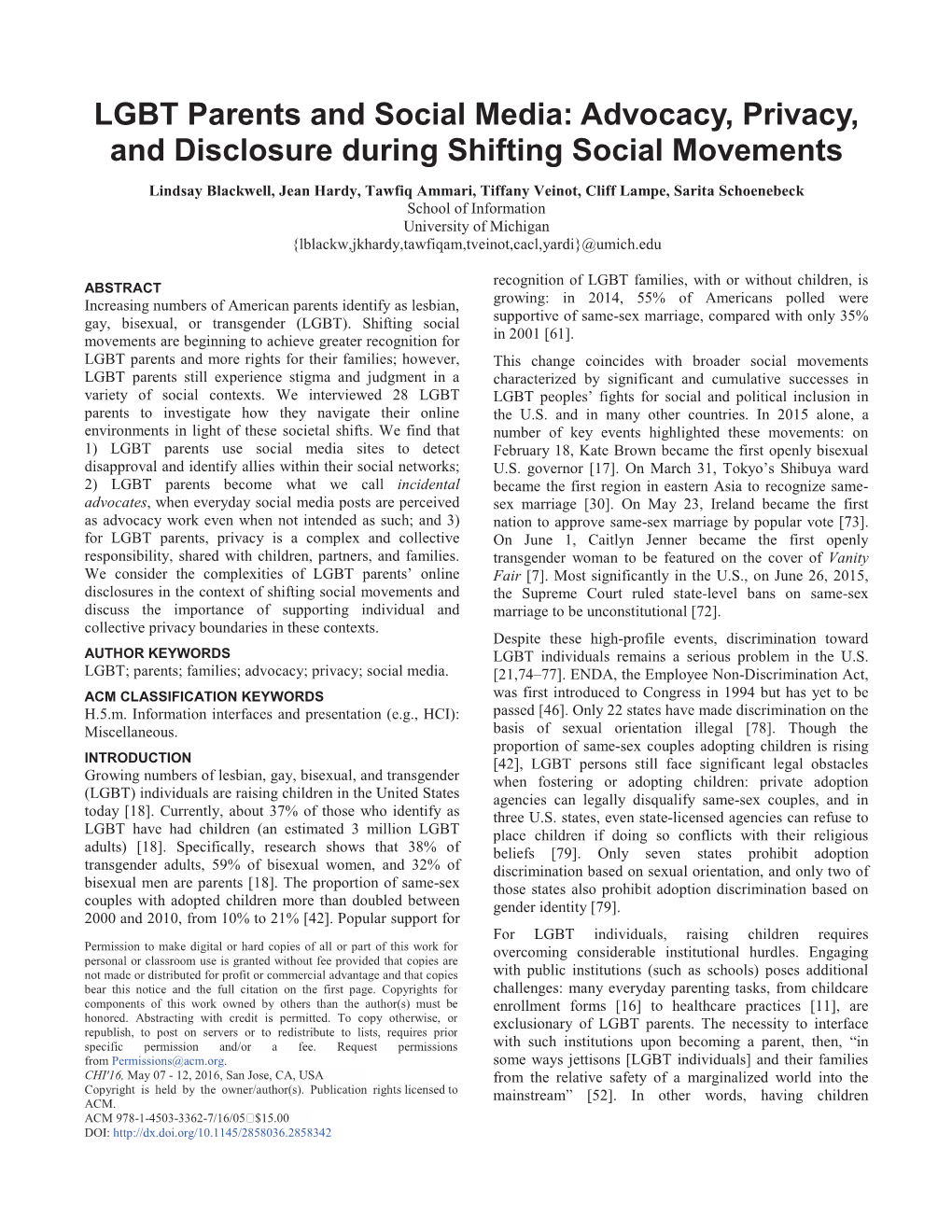 LGBT Parents and Social Media: Advocacy, Privacy, and Disclosure During Shifting Social Movements