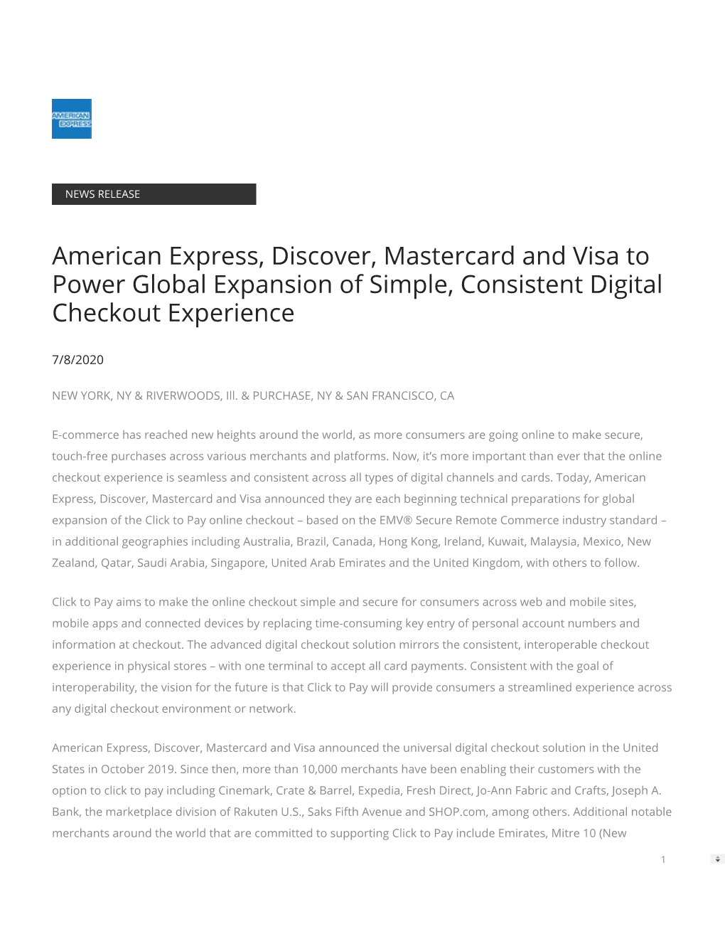 American Express, Discover, Mastercard and Visa to Power Global Expansion of Simple, Consistent Digital Checkout Experience