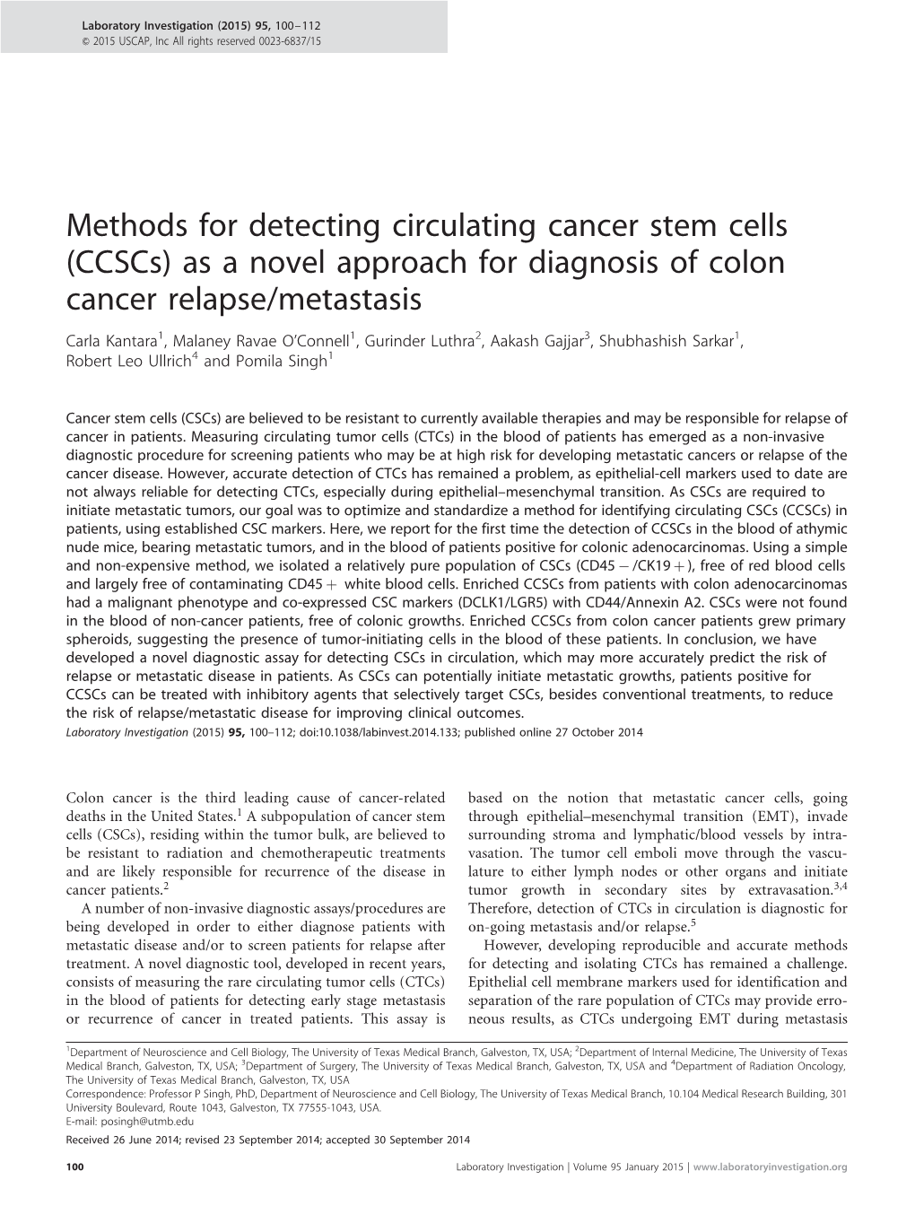 Methods for Detecting Circulating Cancer Stem Cells (Ccscs)