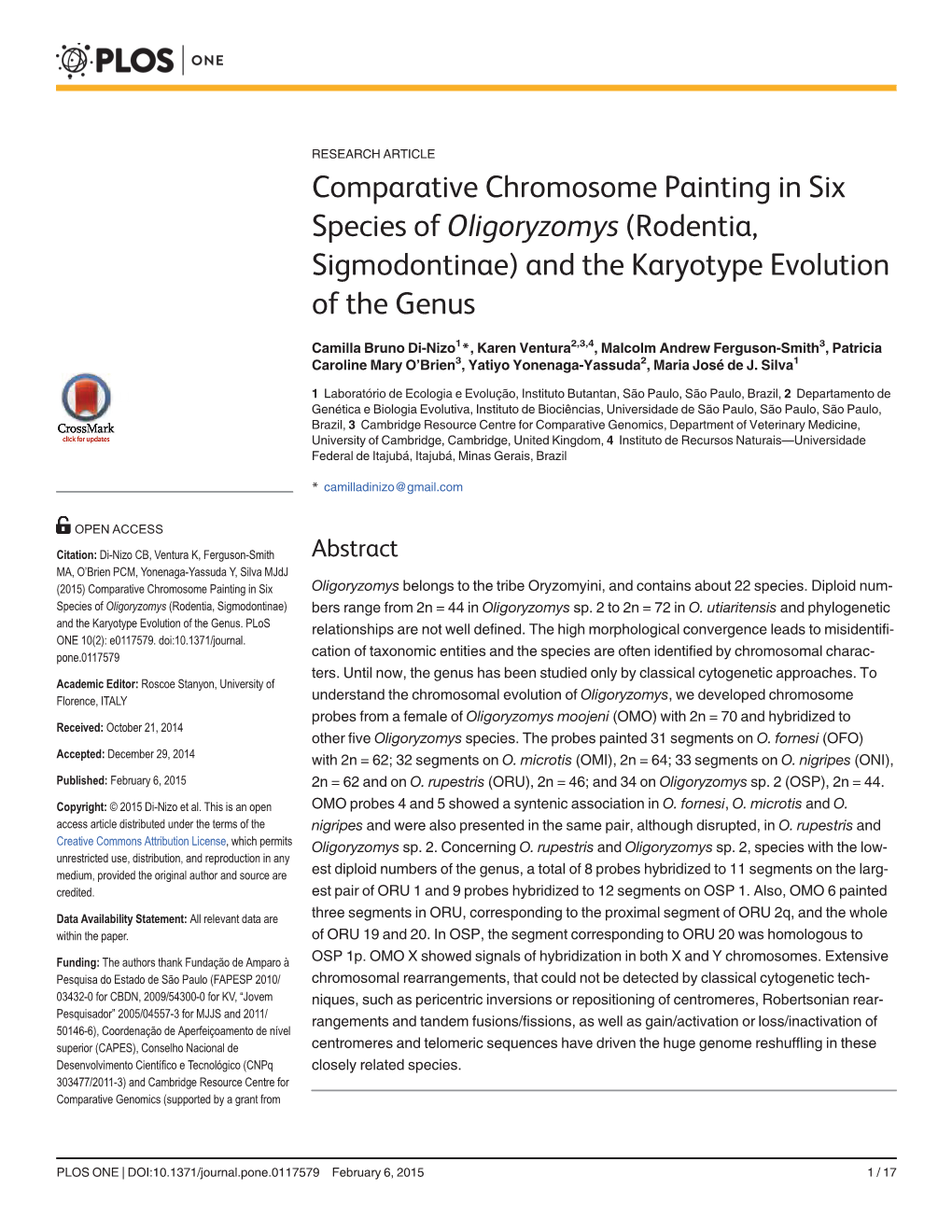 Silva Mjdj (2015) Comparative Chromosome Painting in Six Species of Oligoryzomys (Rodentia, Sigmodontinae) and the Karyotype Evolution of the Genus