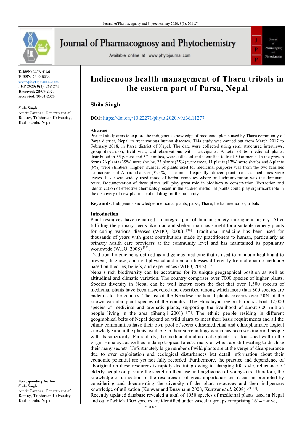 Indigenous Health Management of Tharu Tribals in the Eastern Part of Parsa, Nepal