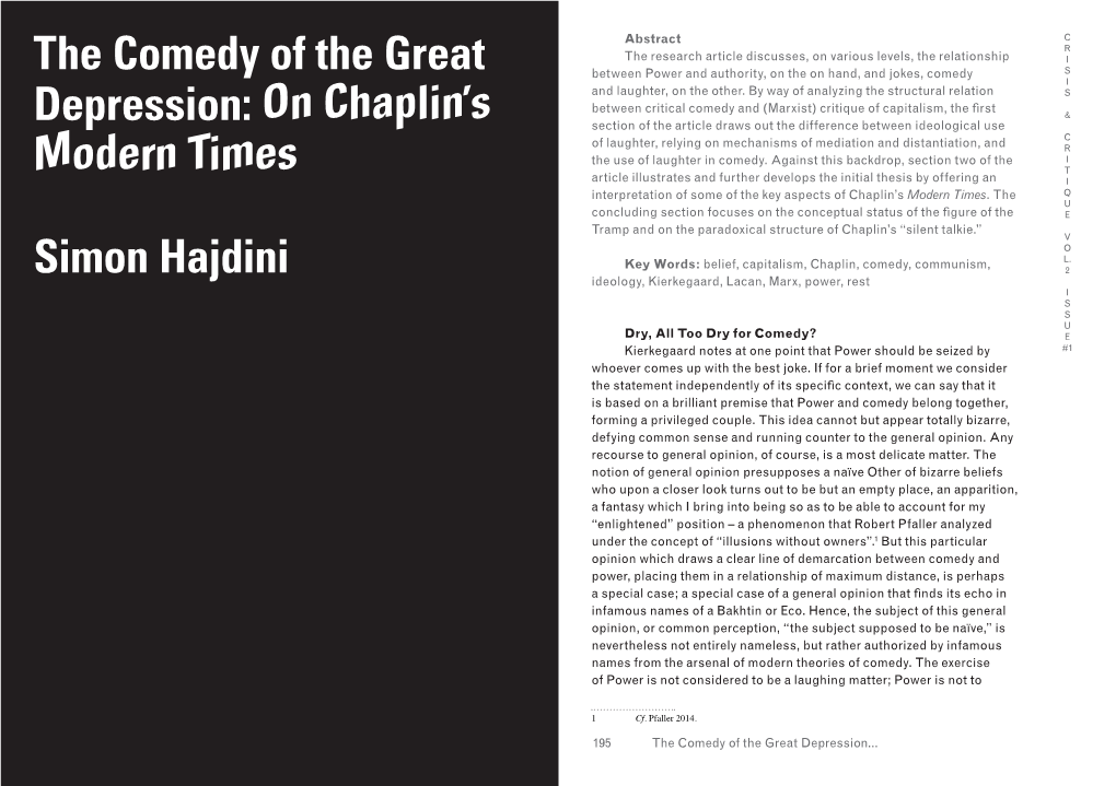 The Comedy of the Great Depression: on Chaplin's Modern Times Simon