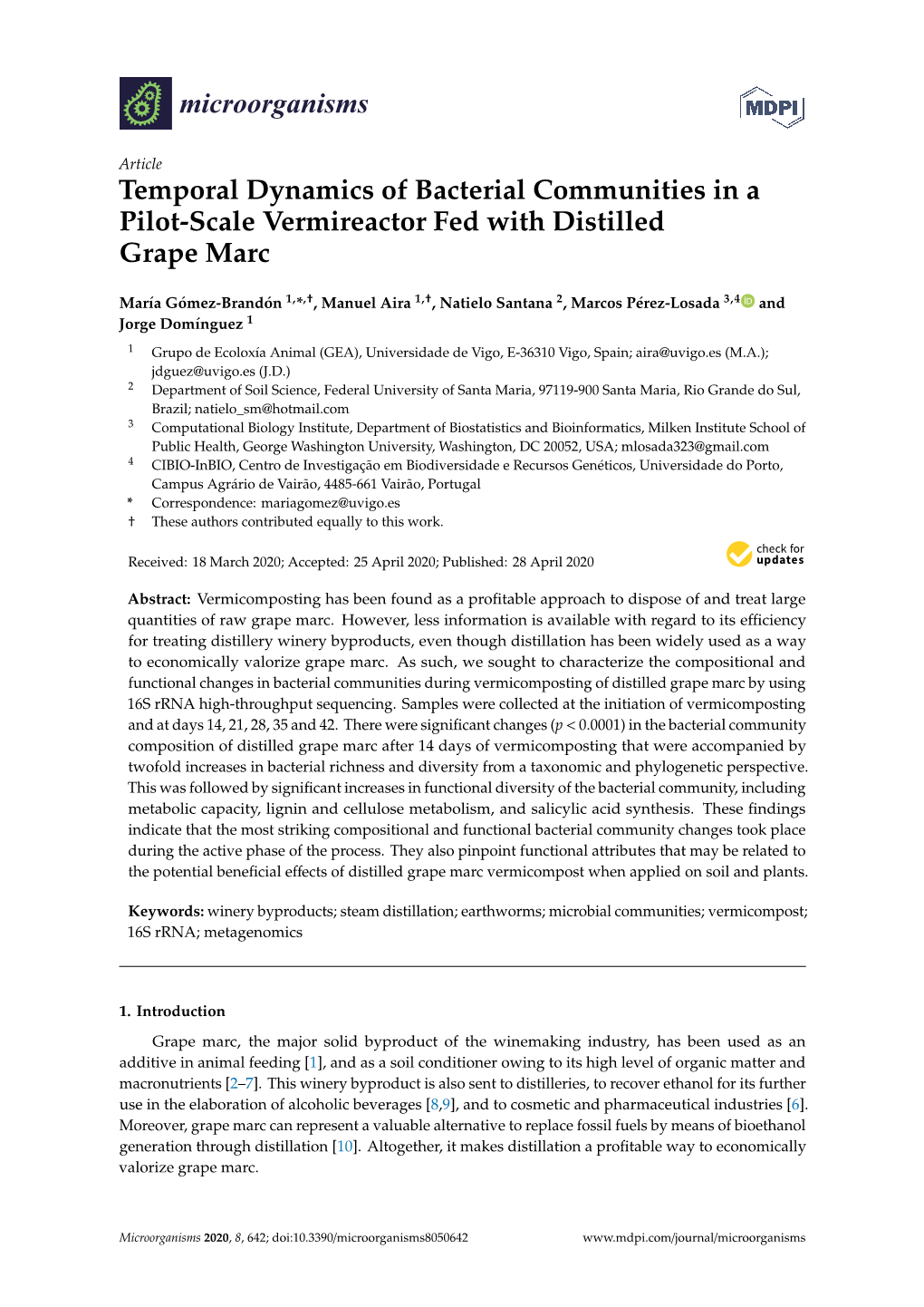 Temporal Dynamics of Bacterial Communities in a Pilot-Scale Vermireactor Fed with Distilled Grape Marc