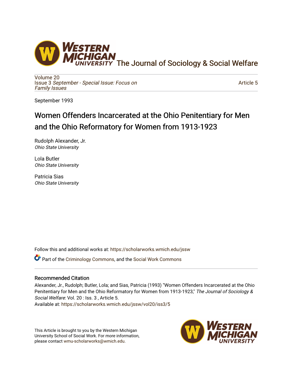 Women Offenders Incarcerated at the Ohio Penitentiary for Men and the Ohio Reformatory for Women from 1913-1923