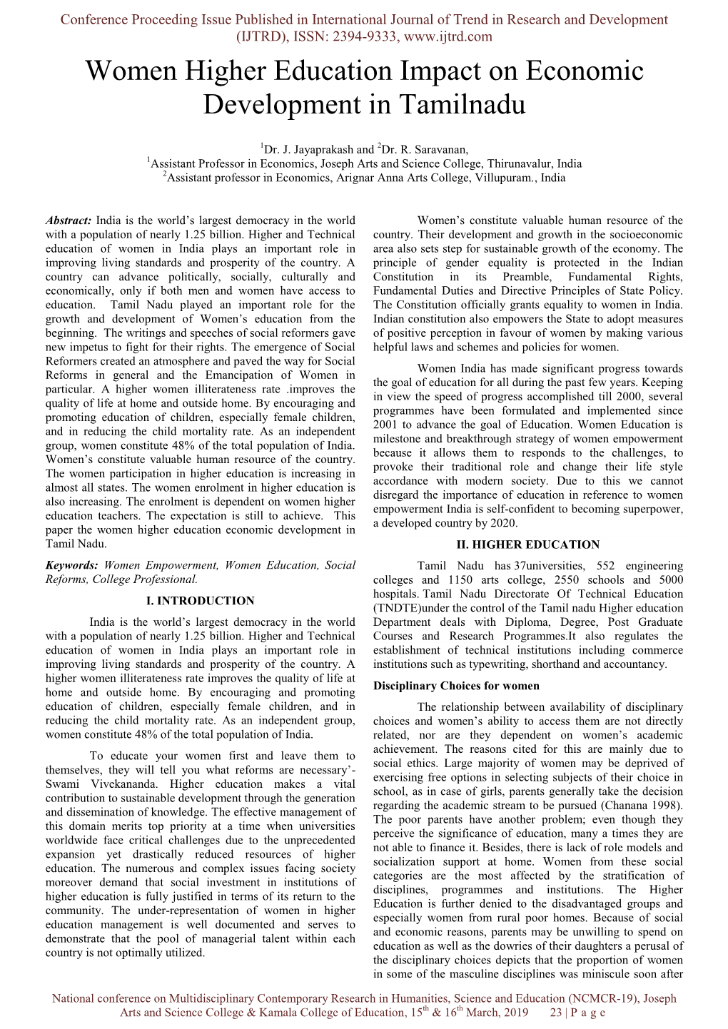 Women Higher Education Impact on Economic Development in Tamilnadu