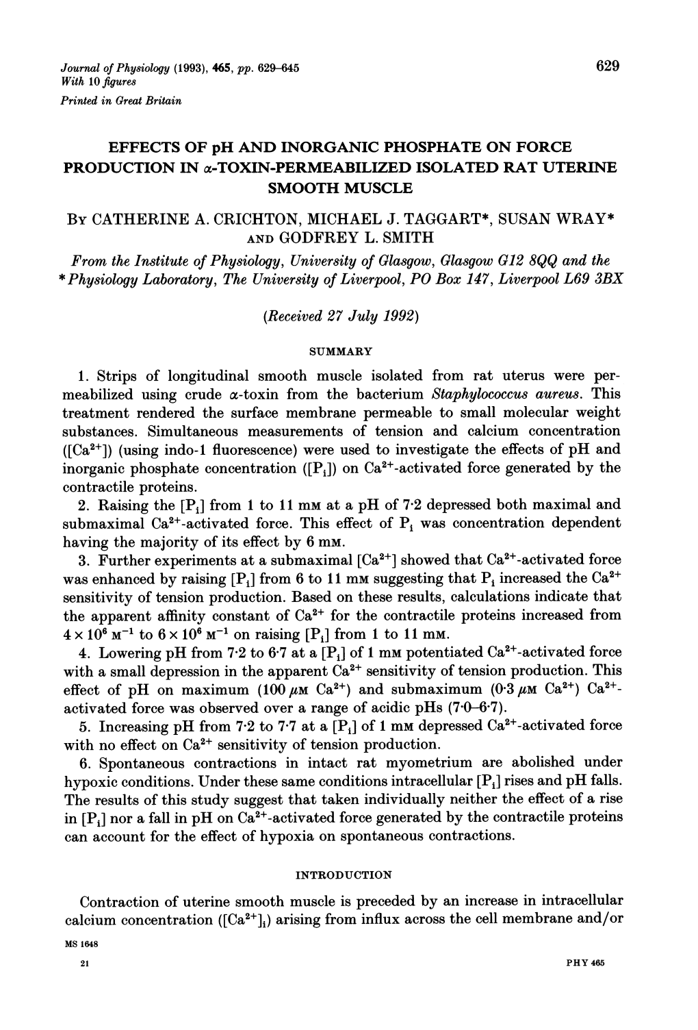 Physiology Laboratory, the University of Liverpool, P0 Box 147