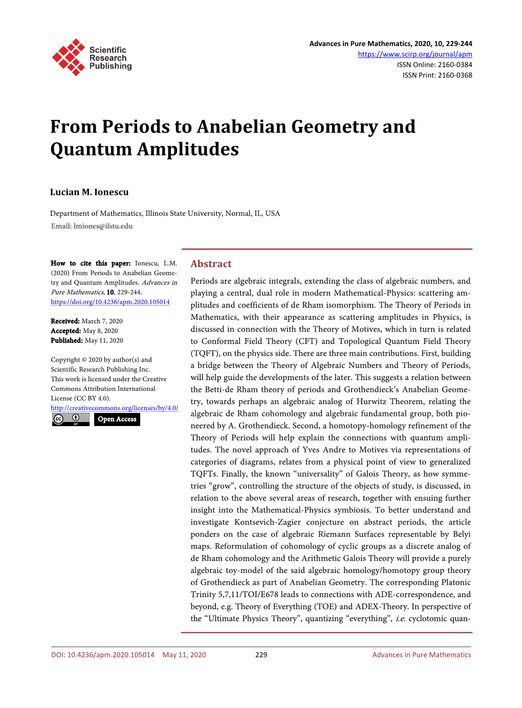 From Periods to Anabelian Geometry and Quantum Amplitudes