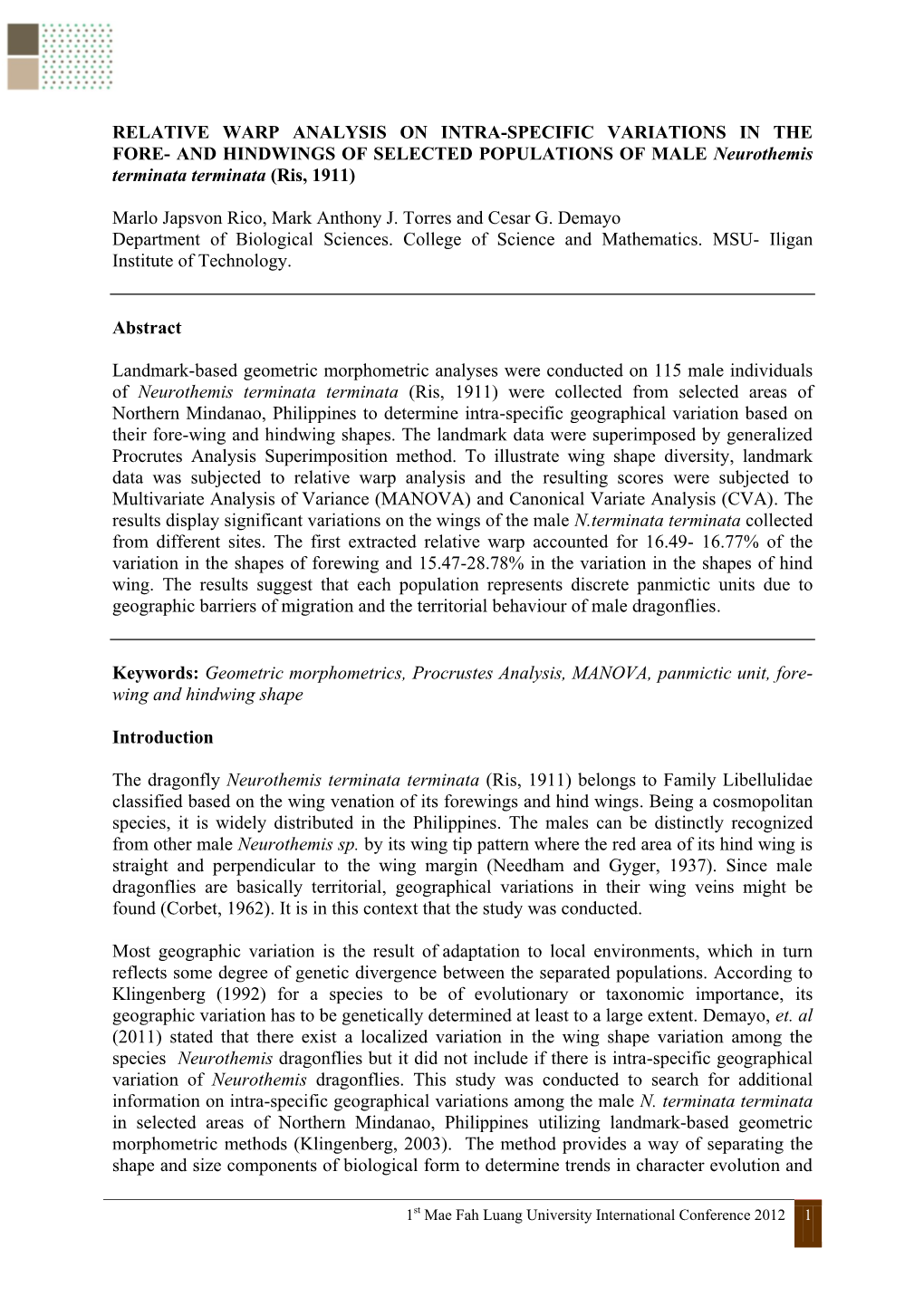 RELATIVE WARP ANALYSIS on INTRA-SPECIFIC VARIATIONS in the FORE- and HINDWINGS of SELECTED POPULATIONS of MALE Neurothemis Terminata Terminata (Ris, 1911)