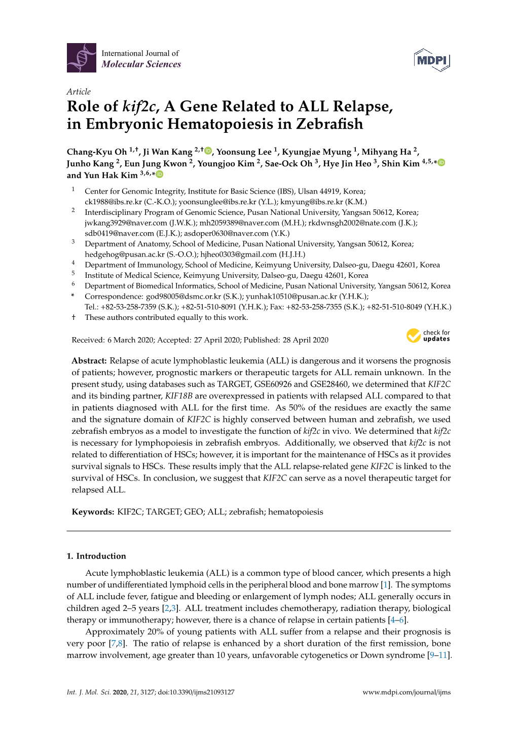 Role of Kif2c, a Gene Related to ALL Relapse, in Embryonic Hematopoiesis in Zebraﬁsh