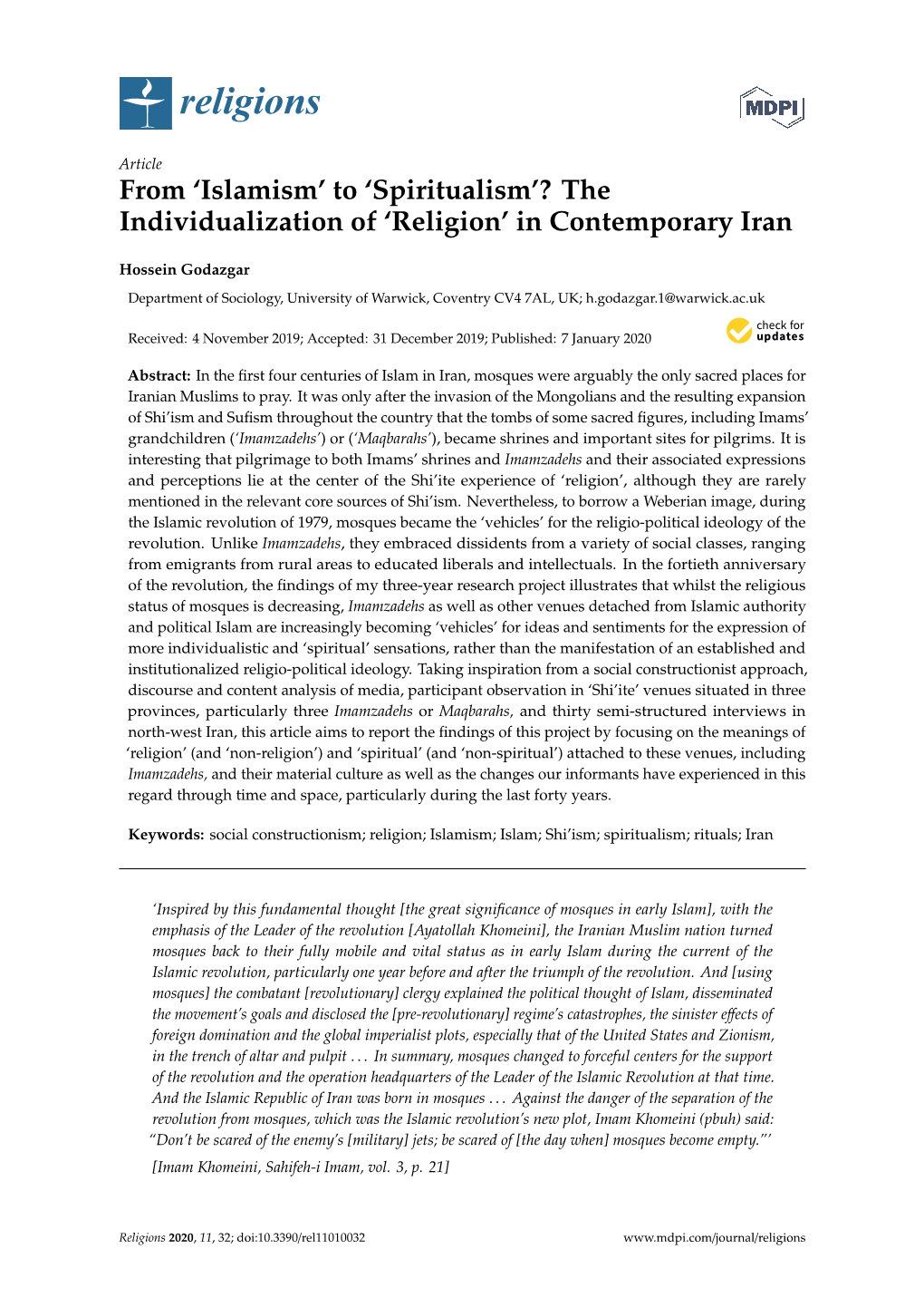 From 'Islamism'to 'Spiritualism'? the Individualization of 'Religion'in