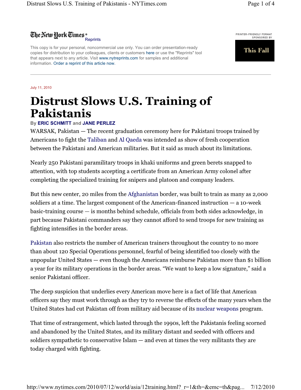 Distrust Slows U.S. Training of Pakistanis - Nytimes.Com Page 1 of 4
