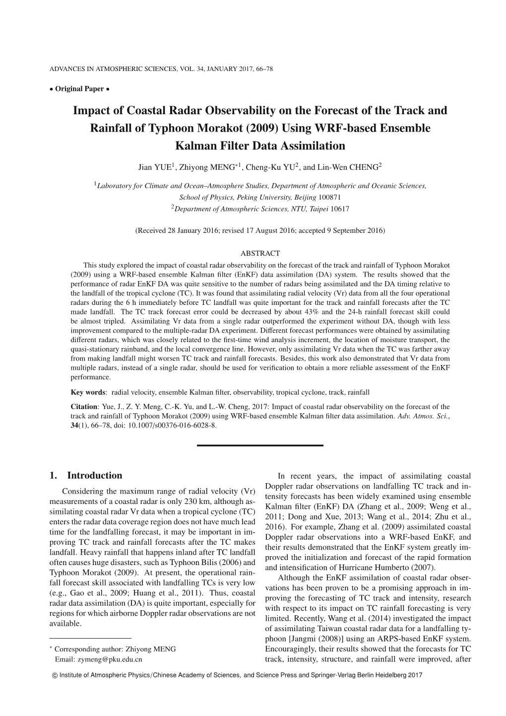 (2009) Using WRF-Based Ensemble Kalman Filter Data Assimilation