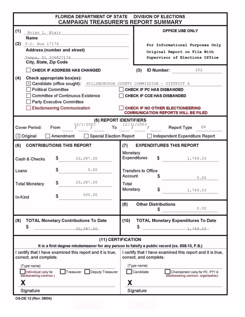 For Informational Purposes Only Original Report on File with Tampa, FL 336827176 Supervisor of Elections Office