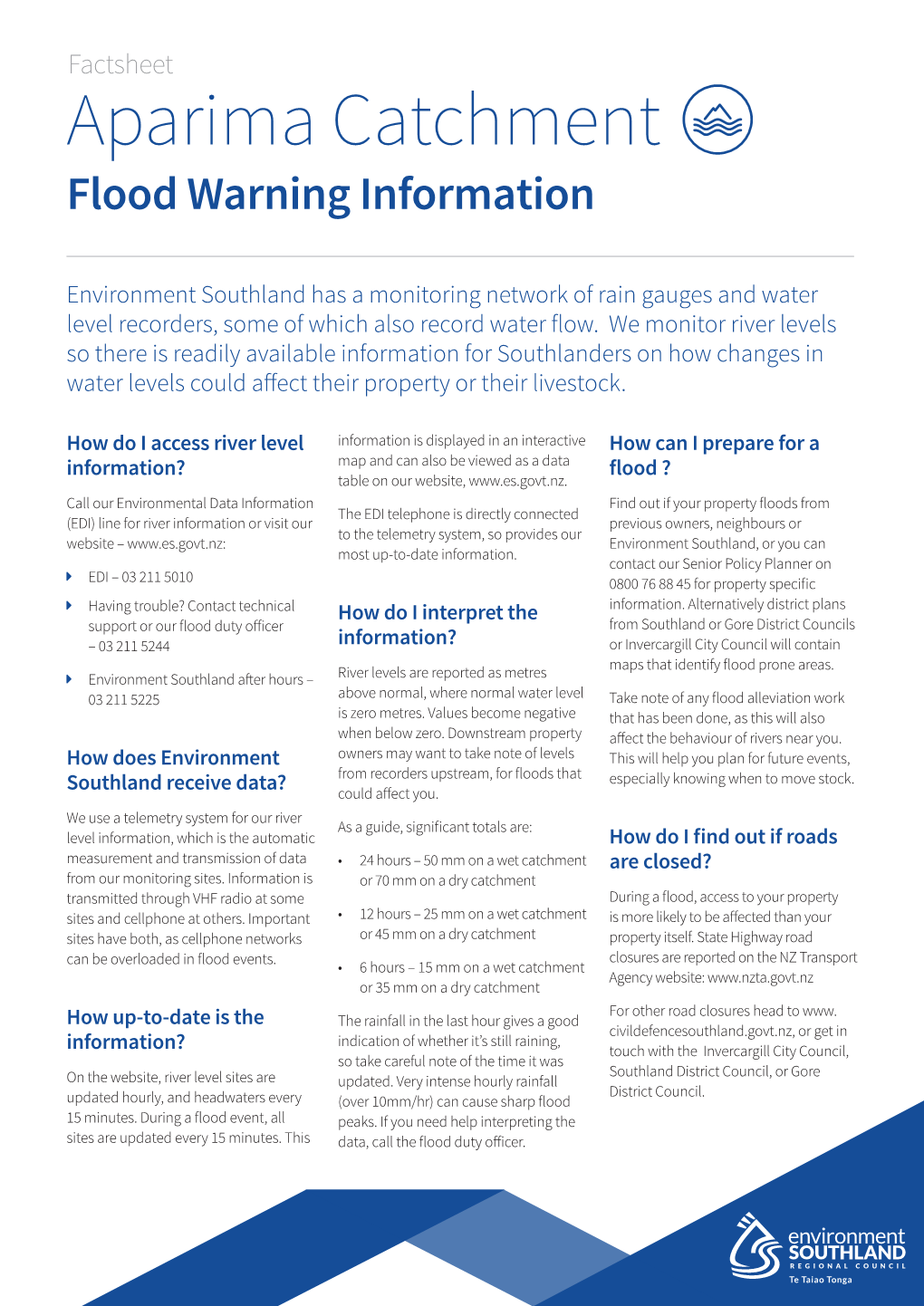 Aparima Catchment Flood Warning Information