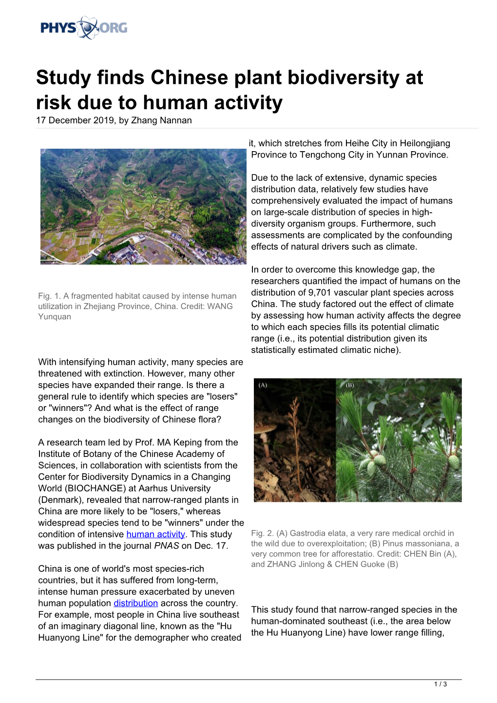 Study Finds Chinese Plant Biodiversity at Risk Due to Human Activity 17 December 2019, by Zhang Nannan