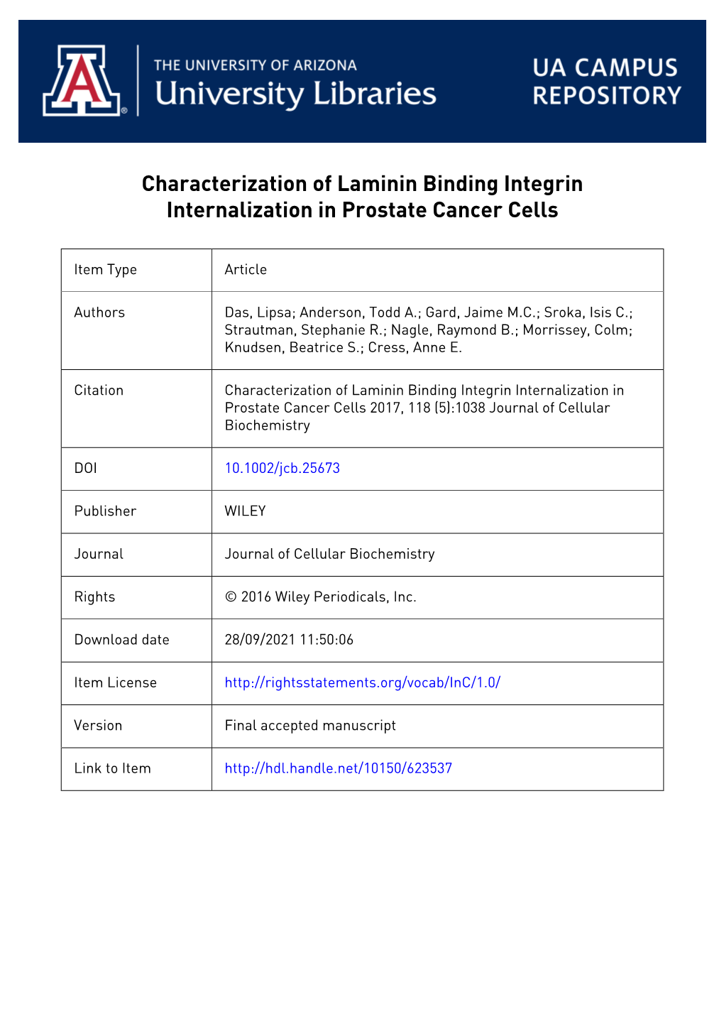 Characterization of Laminin Binding Integrin Internalization in Prostate Cancer Cells