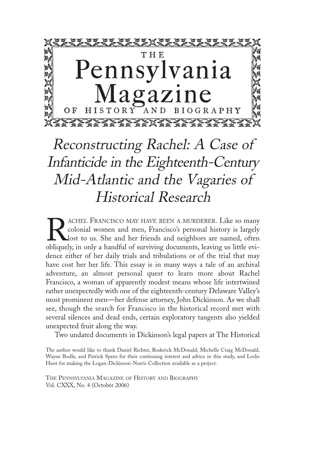 A Case of Infanticide in the Eighteenth-Century Mid-Atlantic and the Vagaries of Historical Research