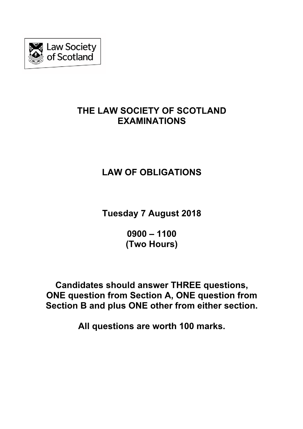 The Law Society of Scotland Examinations Law Of