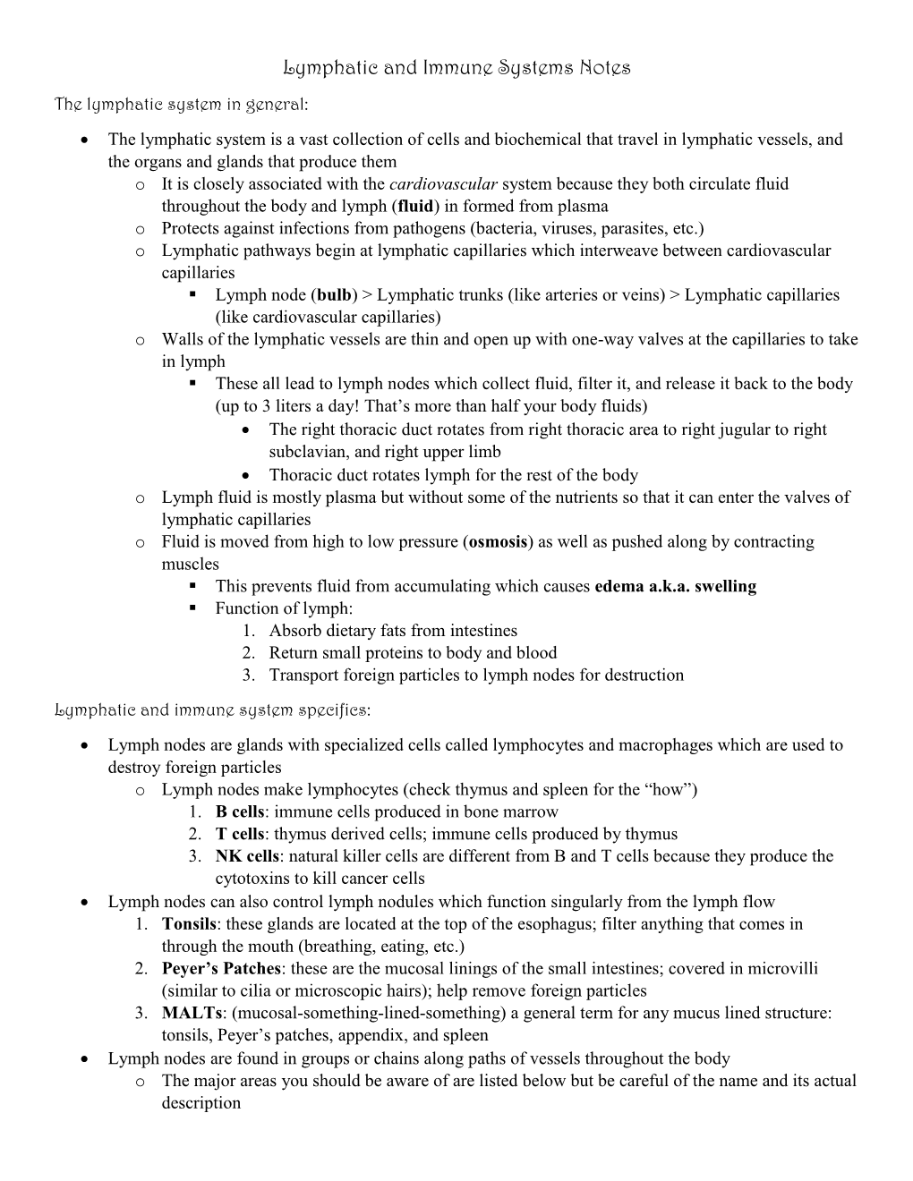 Lymphatic and Immune Systems Notes